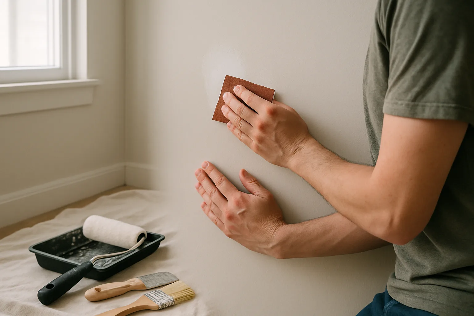 Une main ponce délicatement une réparation sur un mur intérieur avant sa mise en peinture.