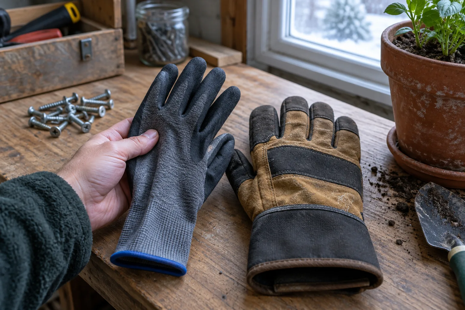 Une main compare un gant d’hiver fin à un modèle plus épais posé sur un établi.