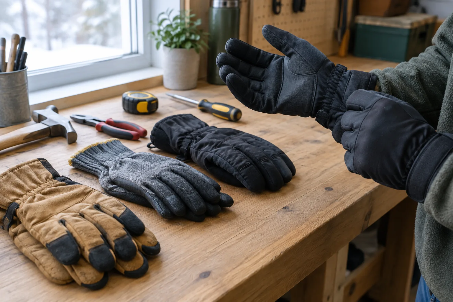 Différentes paires de gants de travail d’hiver posées sur un établi près d’outils.