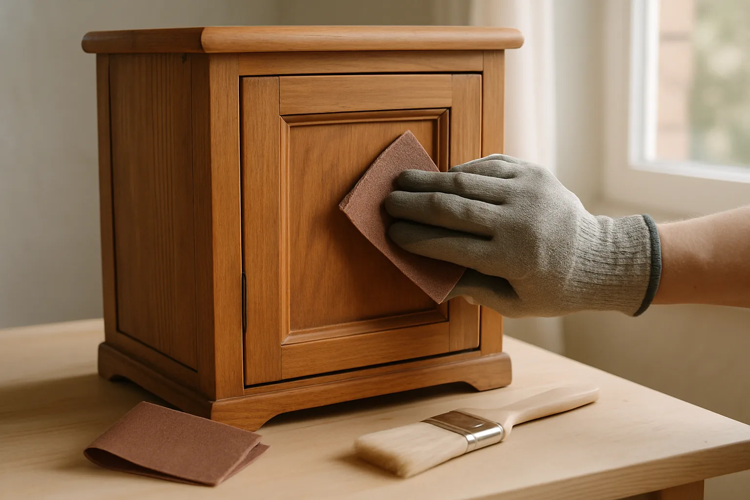 Une porte de meuble verni est poncée légèrement avant l’application d’une sous-couche.
