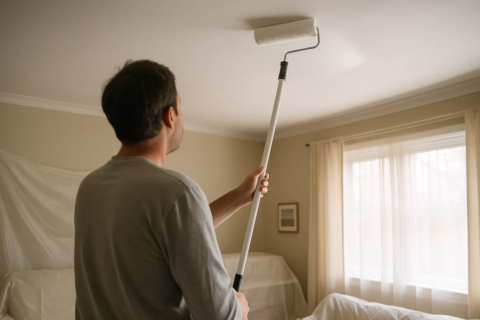 Une personne applique de la peinture au rouleau sur un plafond protégé et éclairé par la lumière naturelle.