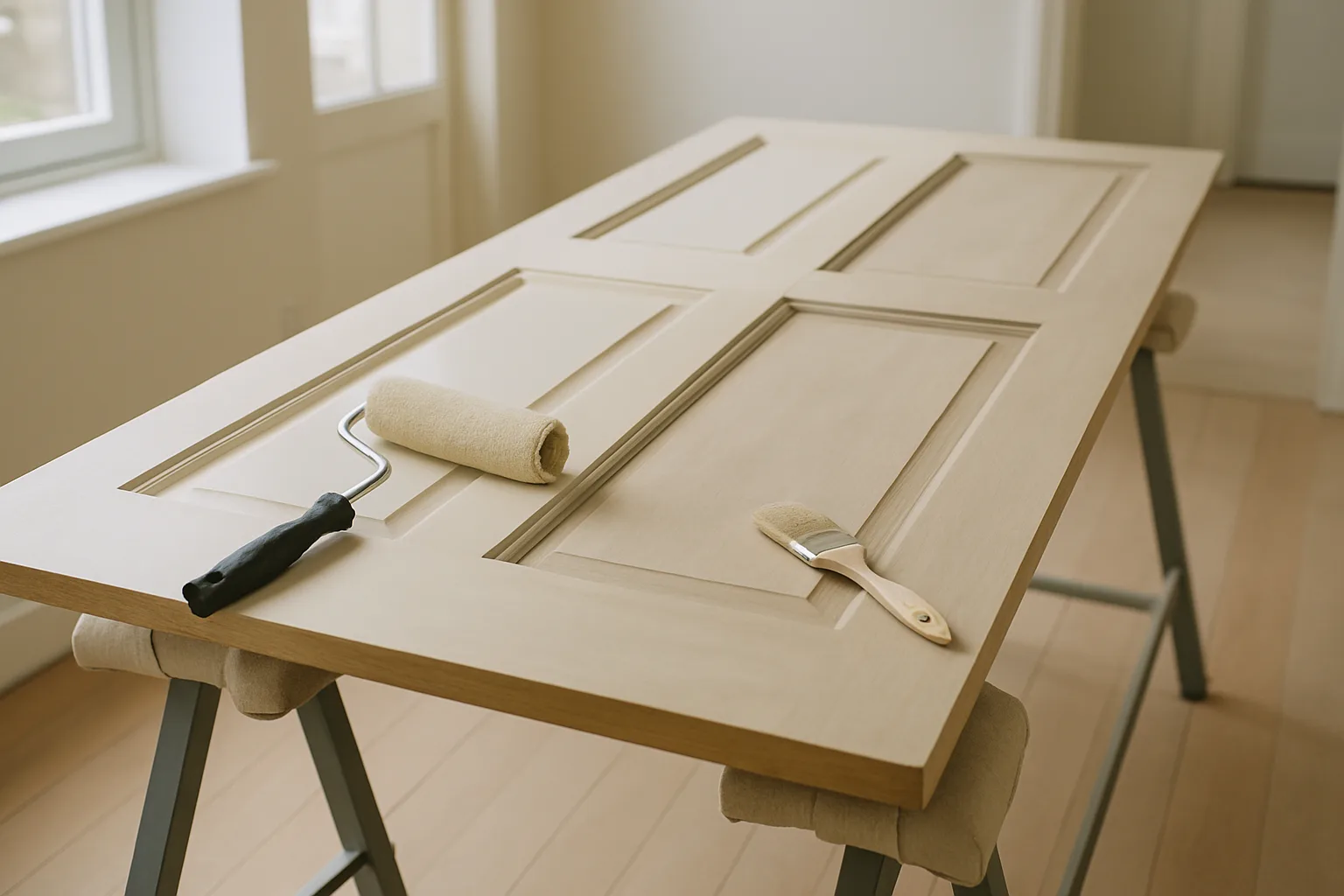 Porte intérieure posée à plat pendant des travaux de préparation et de peinture.