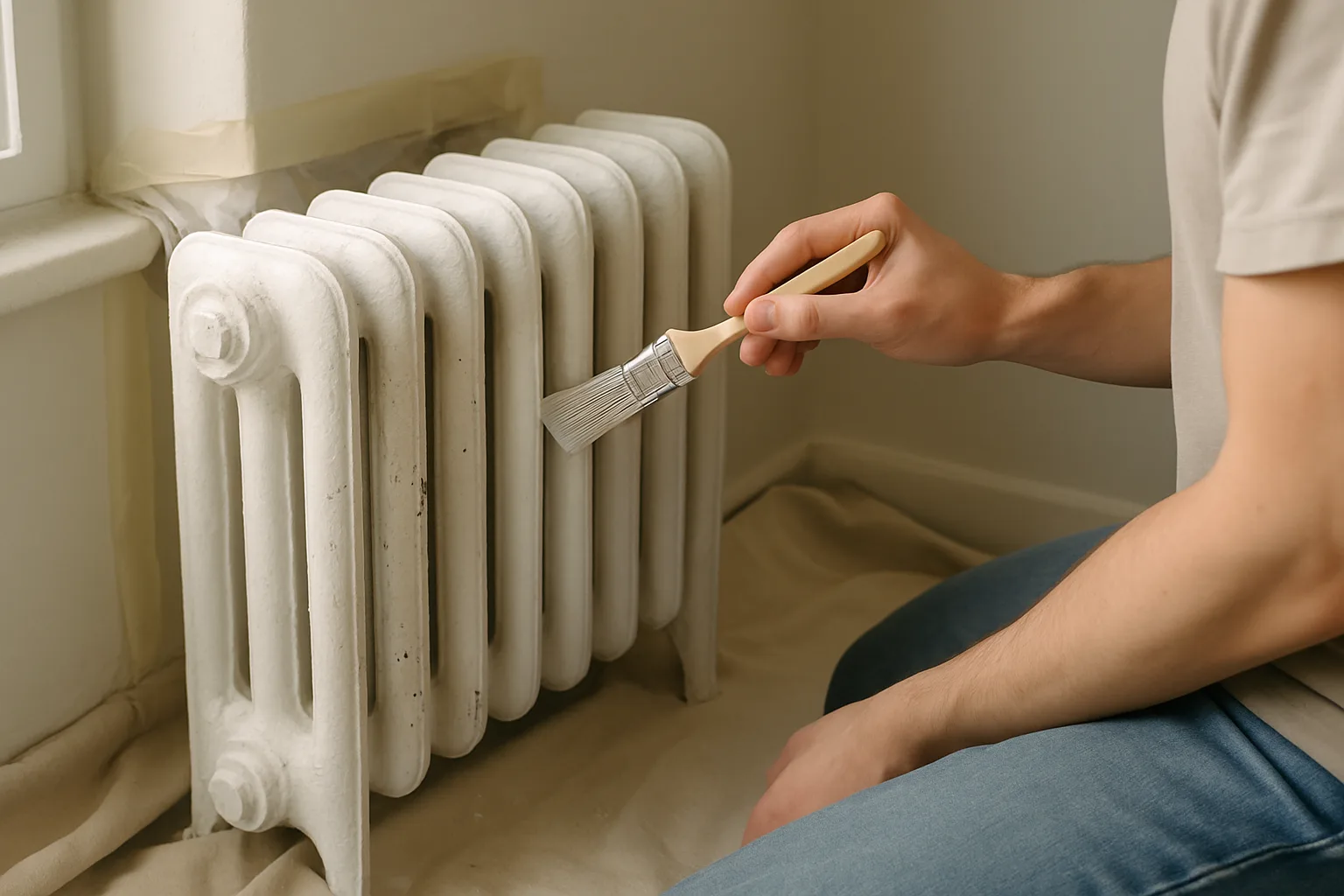 Un radiateur en fonte préparé et repeint au pinceau dans une pièce protégée.